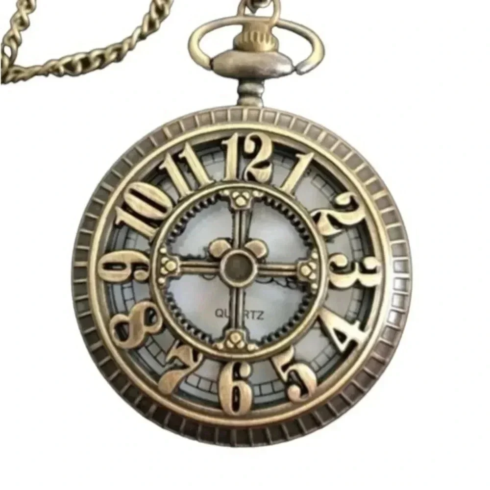 Beautiful Bronze Tone Quartz Pocket Watch w/ Chain NWT